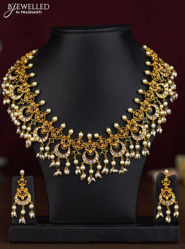 Antique guttapusalu necklace chandbali & manga design with kemp & cz stones and pearl hangings