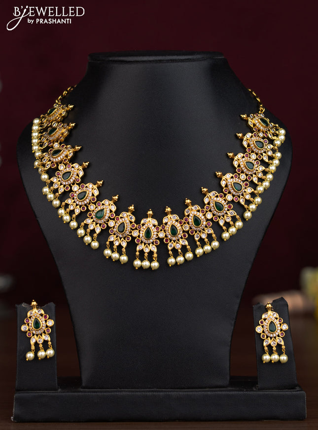 Antique guttapusalu necklace with kemp & cz stones and pearl hangings