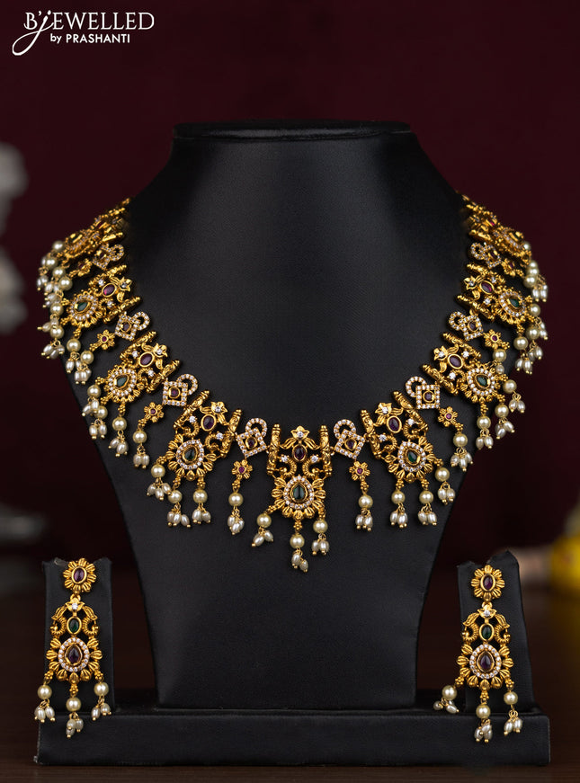 Antique guttapusalu necklace floral design with kemp & cz stones and pearl hangings