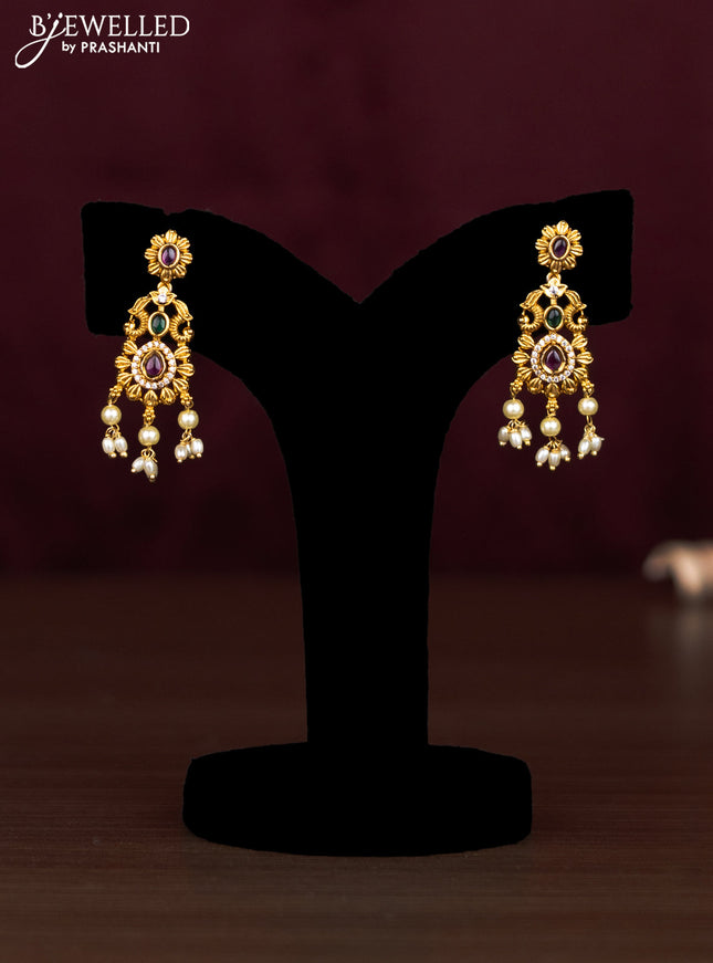 Antique guttapusalu necklace floral design with kemp & cz stones and pearl hangings