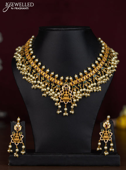 Antique guttapusalu necklace lakshmi design with kemp & cz stones and pearl hangings