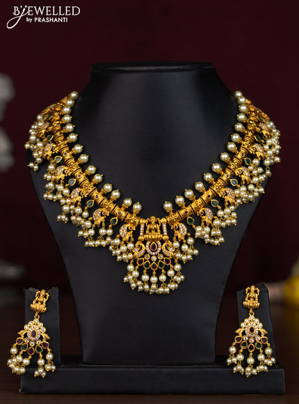 Antique guttapusalu necklace lakshmi & peacock design with kemp & cz stones and pearl hangings