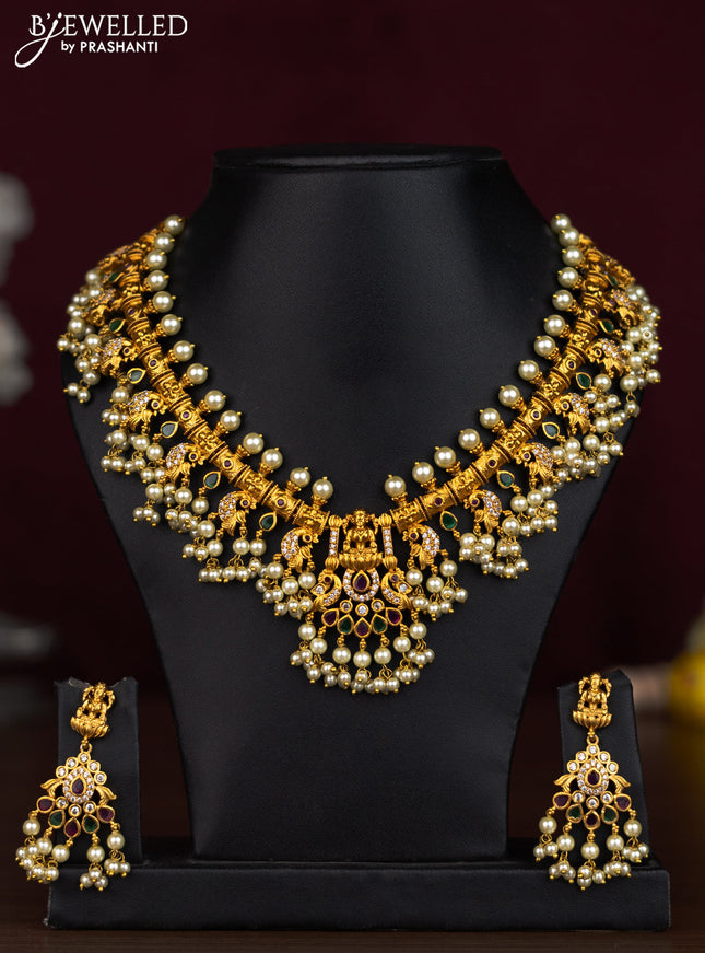 Antique guttapusalu necklace lakshmi & peacock design with kemp & cz stones and pearl hangings