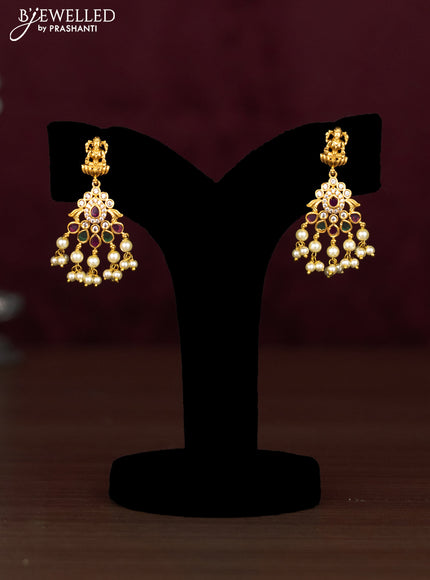 Antique guttapusalu necklace lakshmi & peacock design with kemp & cz stones and pearl hangings