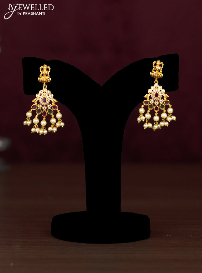 Antique guttapusalu necklace lakshmi & peacock design with kemp & cz stones and pearl hangings