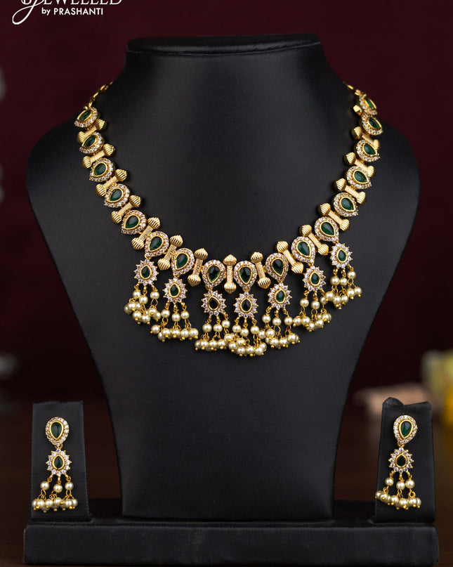 Antique guttapusalu necklace with emerald & cz stones and pearl hangings