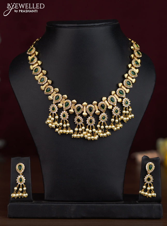 Antique guttapusalu necklace with emerald & cz stones and pearl hangings