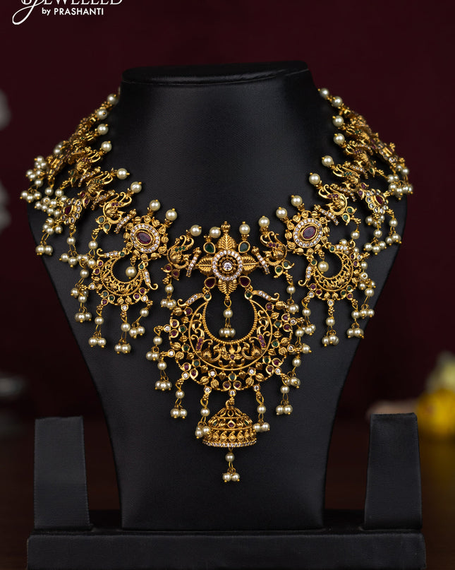 Antique guttapusalu necklace chandbali & peacock design with kemp & cz stones and pearl hangings without earrings