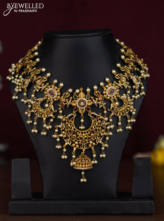 Antique guttapusalu necklace chandbali & peacock design with kemp & cz stones and pearl hangings without earrings