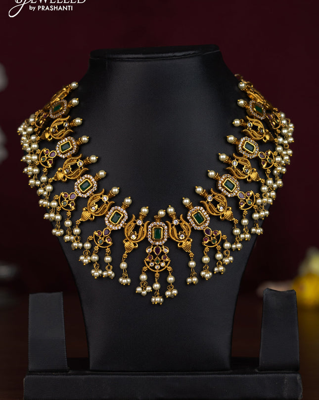 Antique guttapusalu necklace with kemp & cz stones and pearl hangings without earrings