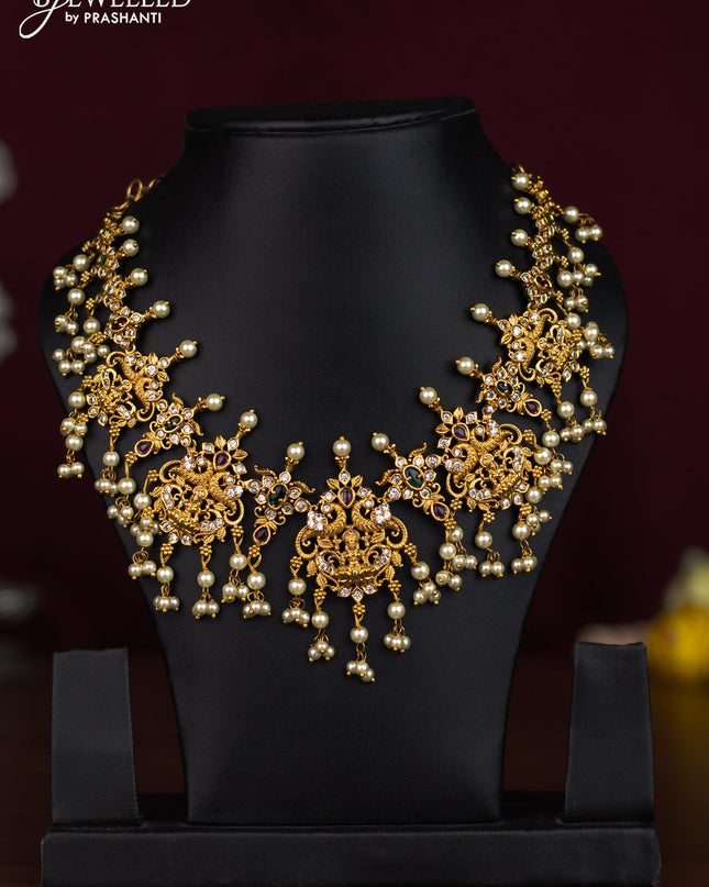 Antique guttapusalu necklace lakshmi design with kemp & cz stones and pearl hangings without earrings