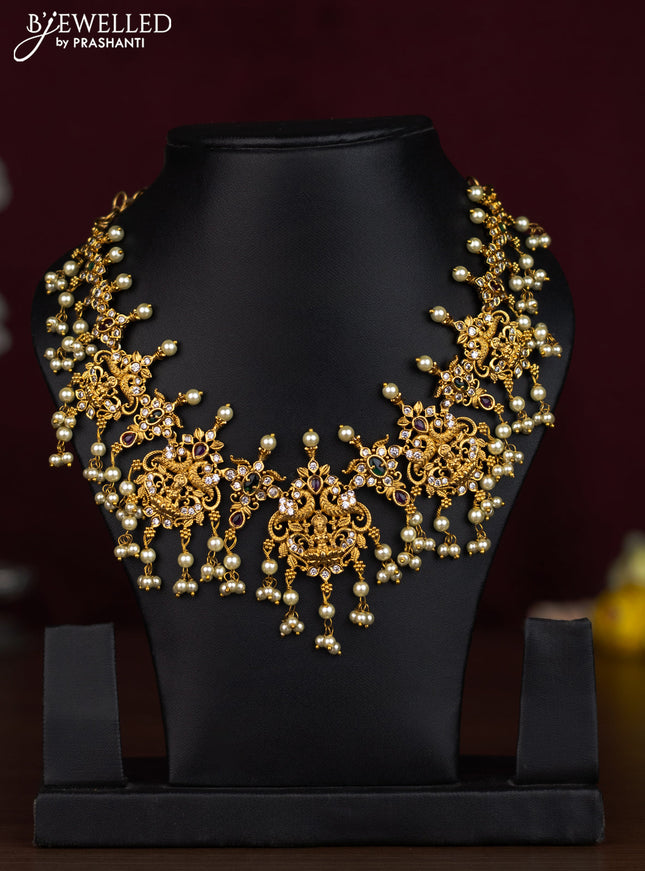 Antique guttapusalu necklace lakshmi design with kemp & cz stones and pearl hangings without earrings