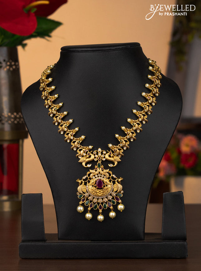 Antique necklace peacock design with kemp & cz stones and pearl hangings without earrings