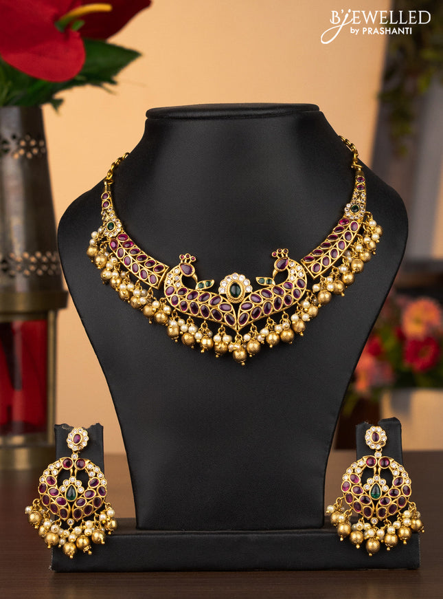 Antique necklace peacock design with kemp & cz stones and pearl & golden beads hanging