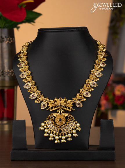 Antique necklace peacock & manga design with kemp & cz stones and pearl hangings without earrings