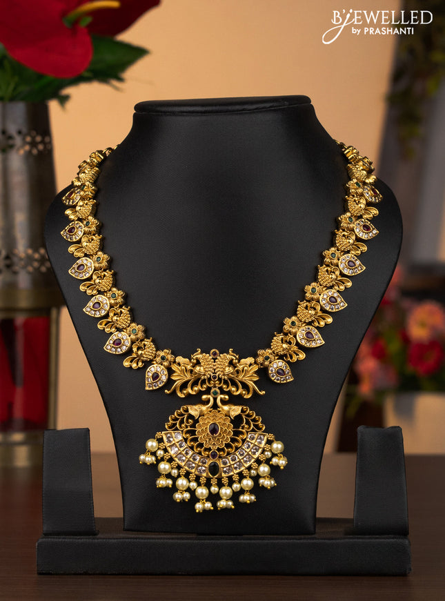 Antique necklace peacock & manga design with kemp & cz stones and pearl hangings without earrings