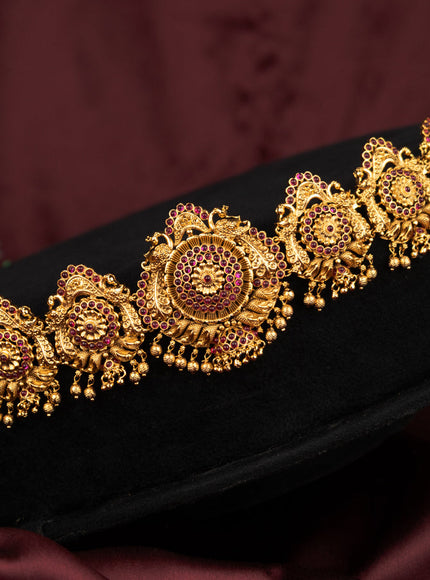 Antique hip chain lakshmi design with pink kemp stones and golden beads hanging