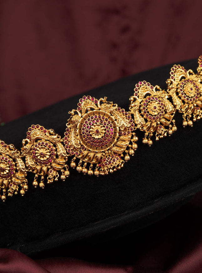 Antique hip chain lakshmi design with pink kemp stones and golden beads hanging