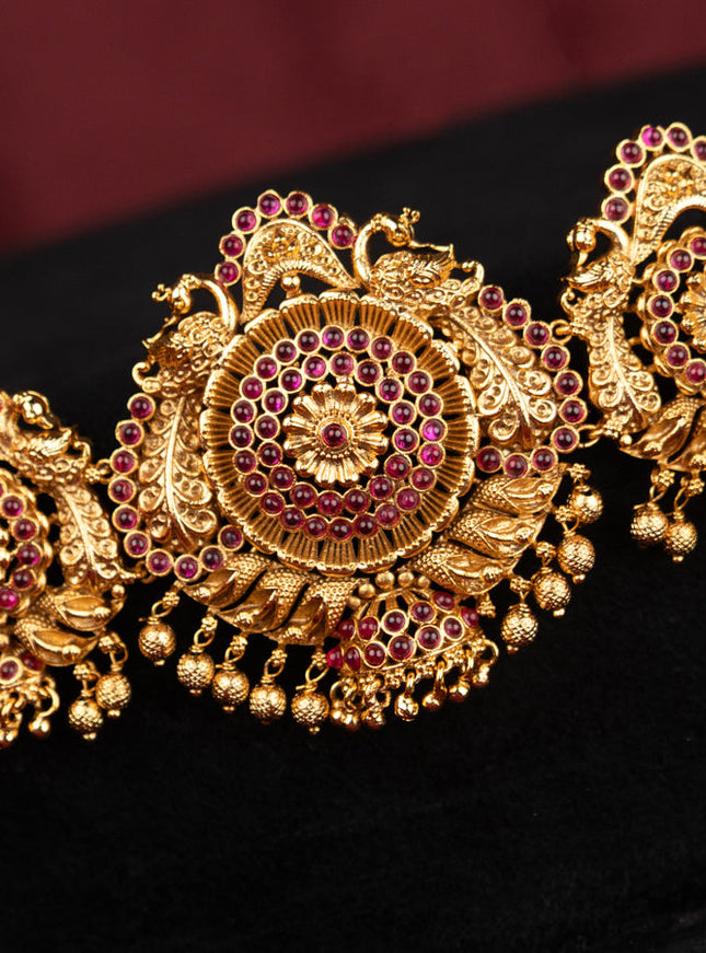 Antique hip chain lakshmi design with pink kemp stones and golden beads hanging