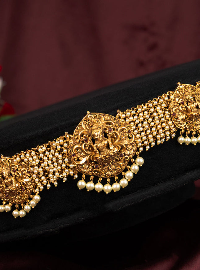 Antique hip chain lakshmi design with pink kemp stones and pearl hangings