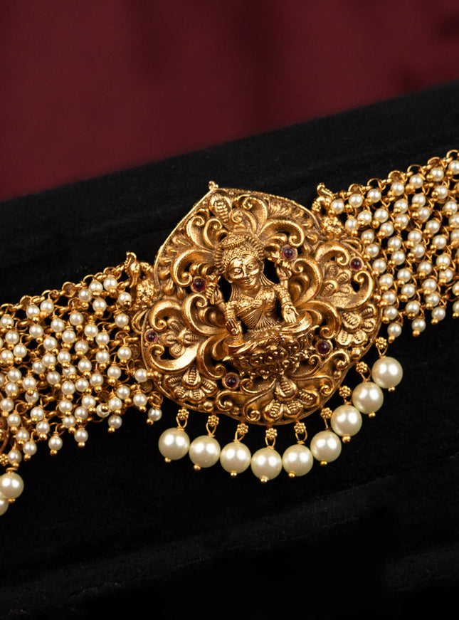 Antique hip chain lakshmi design with pink kemp stones and pearl hangings