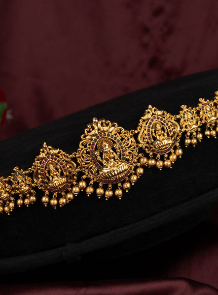 Antique hip chain lakshmi design with kemp stones and golden beads hanging