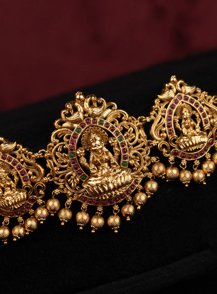 Antique hip chain lakshmi design with kemp stones and golden beads hanging