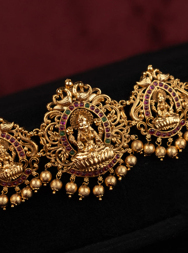 Antique hip chain lakshmi design with kemp stones and golden beads hanging