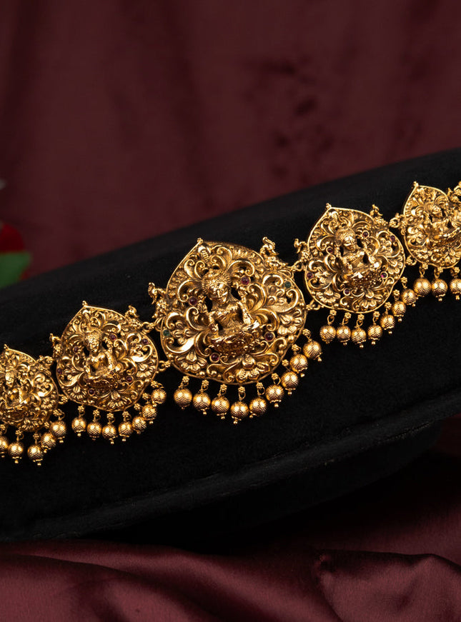 Antique hip chain lakshmi design with kemp stones and golden beads hanging