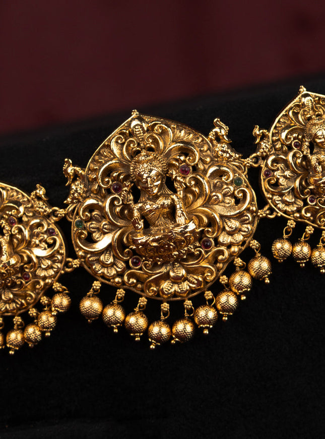 Antique hip chain lakshmi design with kemp stones and golden beads hanging