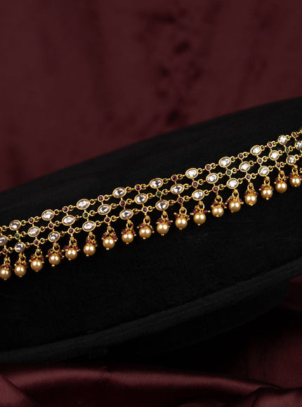 Antique hip chain with kemp & kundan stones and pearl & beads hanging