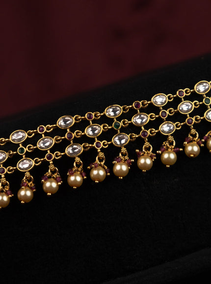 Antique hip chain with kemp & kundan stones and pearl & beads hanging