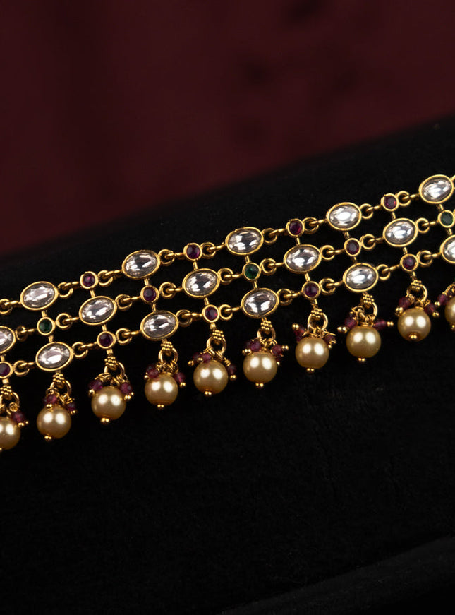 Antique hip chain with kemp & kundan stones and pearl & beads hanging