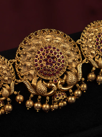 Antique hip chain peacock design with pink kemp stones and golden beads hanging