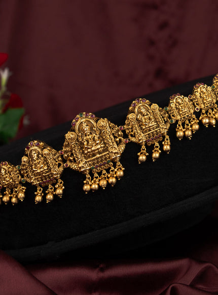 Antique hip chain lakshmi design with kemp stones and golden beads hanging