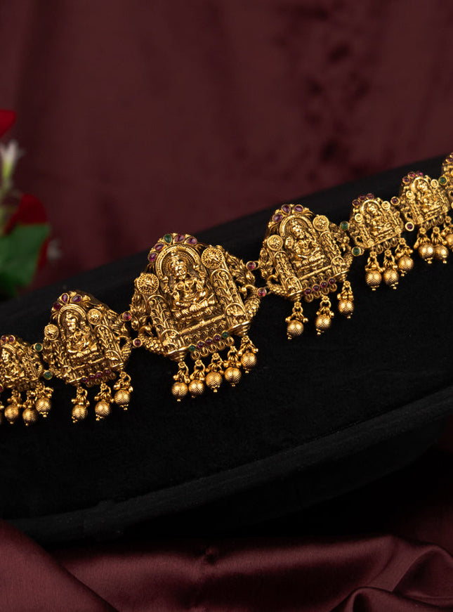 Antique hip chain lakshmi design with kemp stones and golden beads hanging