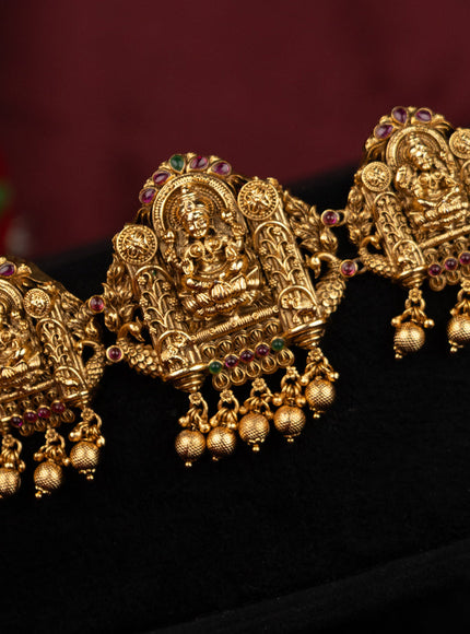 Antique hip chain lakshmi design with kemp stones and golden beads hanging