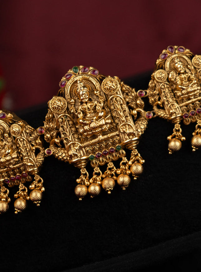 Antique hip chain lakshmi design with kemp stones and golden beads hanging