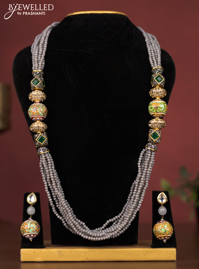 Jaipur crystal beaded grey necklace with minakari balls and emerald & cz stones