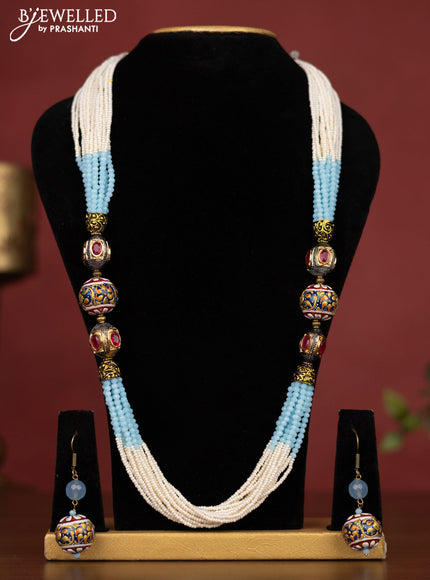 Jaipur crystal beaded blue & white necklace with minakari balls and white stones
