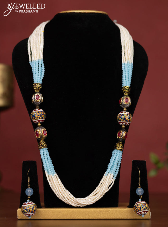 Jaipur crystal beaded blue & white necklace with minakari balls and white stones