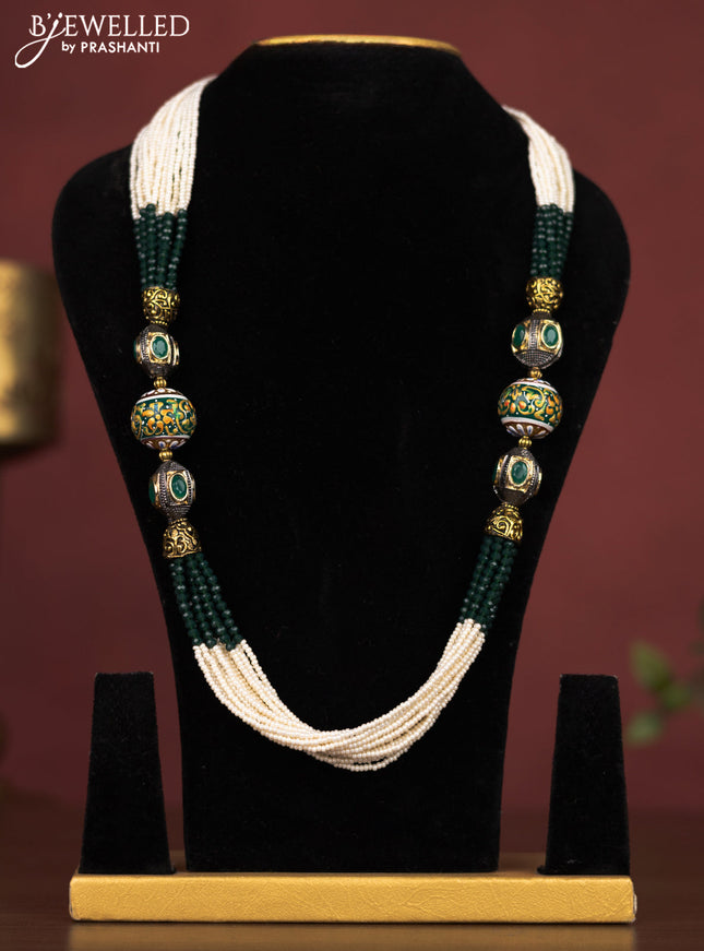 Jaipur crystal beaded green & white necklace with minakari balls without earrings