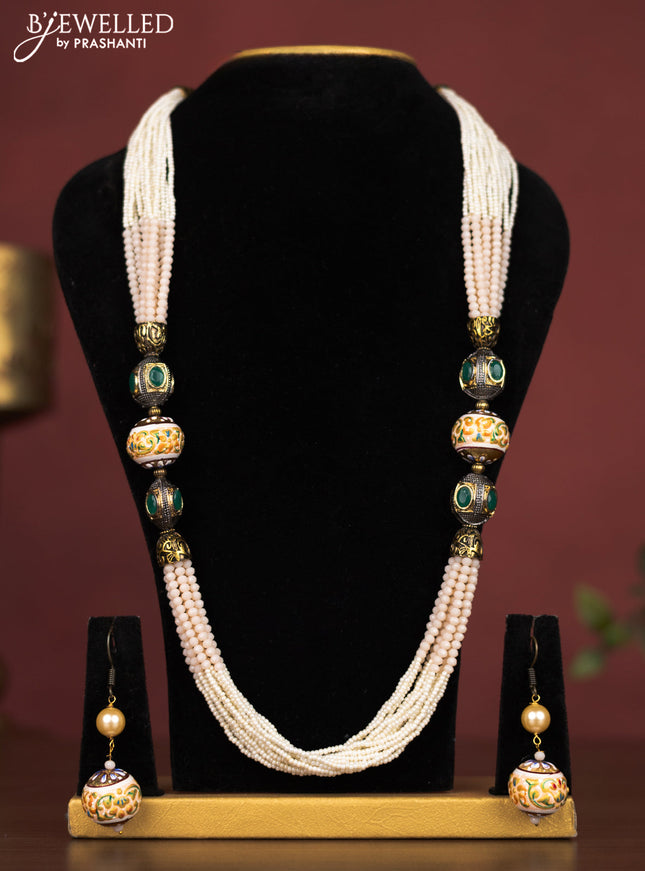 Jaipur crystal beaded white & baby pink necklace with minakari balls