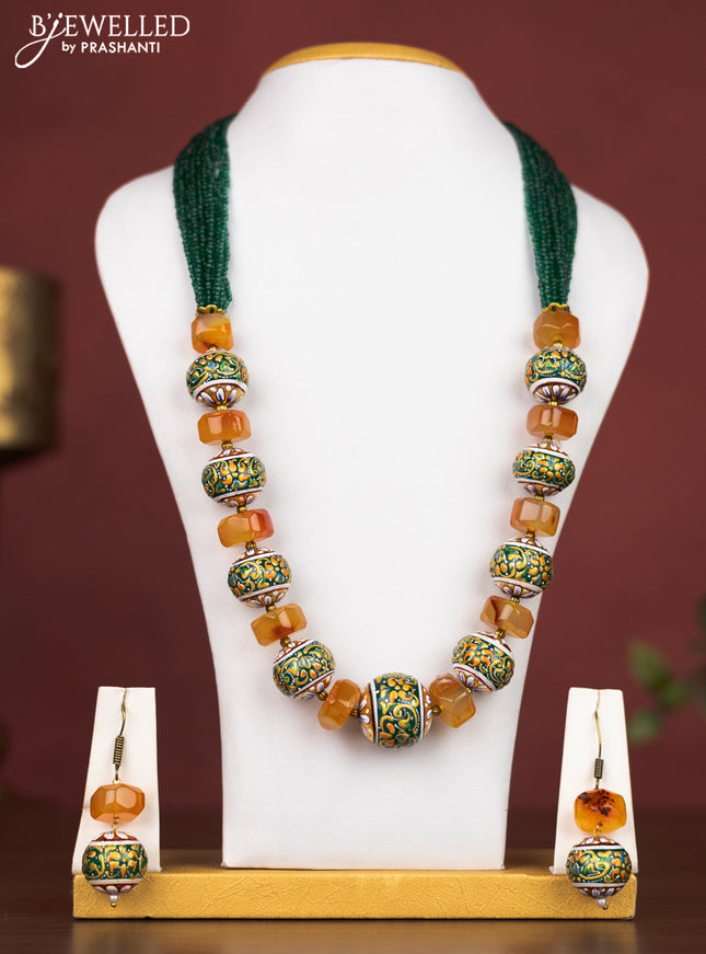 Jaipur crystal multilayer beaded green necklace with orange minakari balls