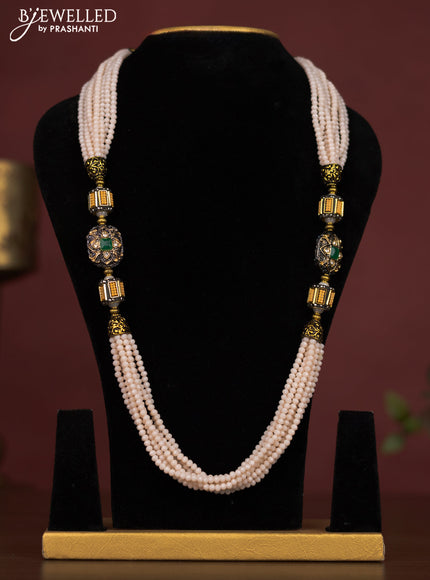 Jaipur beaded multilayer necklace cream with green stones and without earring