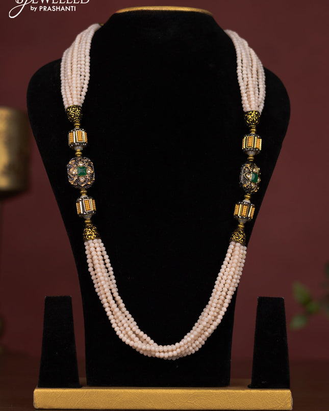 Jaipur beaded multilayer necklace cream with green stones and without earring