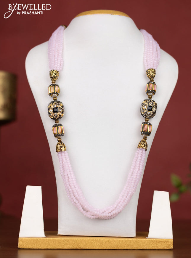 Jaipur beaded multilayer necklace pink with black stones and without earring