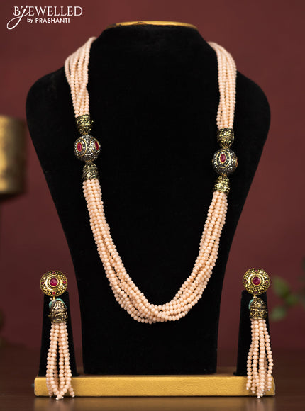 Jaipur beaded multilayer necklace cream with red stones and without earring