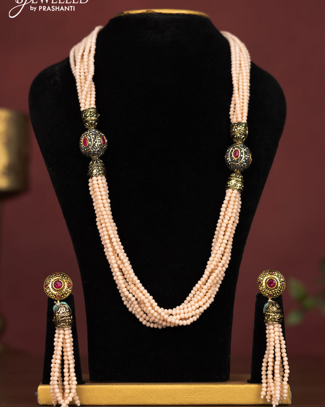 Jaipur beaded multilayer necklace cream with red stones and without earring