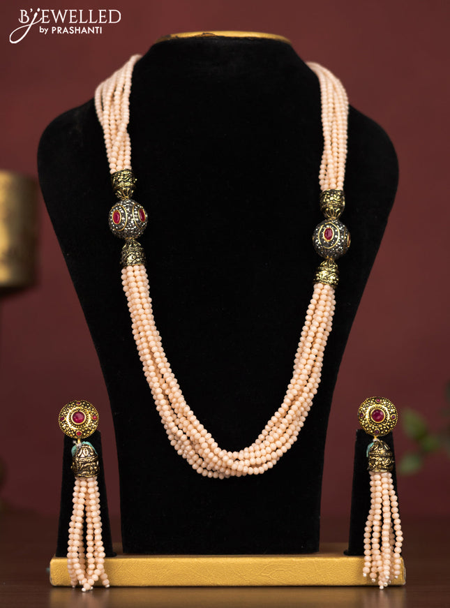 Jaipur beaded multilayer necklace cream with red stones and without earring